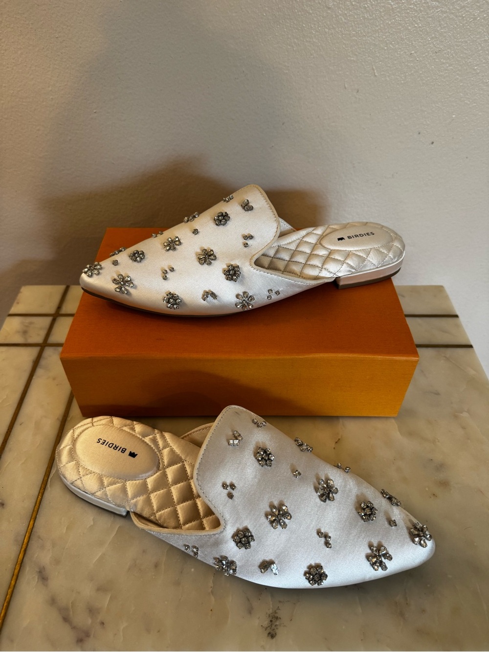 Birdies Women's White Jeweled Satin Mules